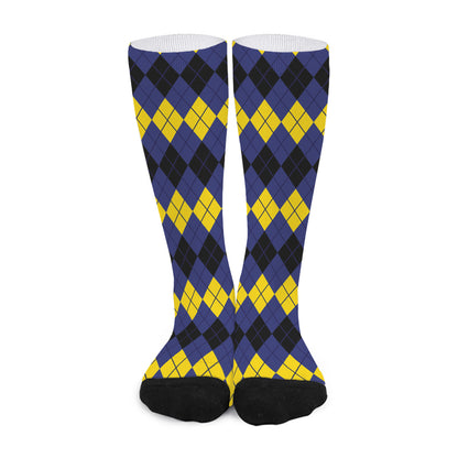Black Yellow And Blue Argyle Print Long Socks