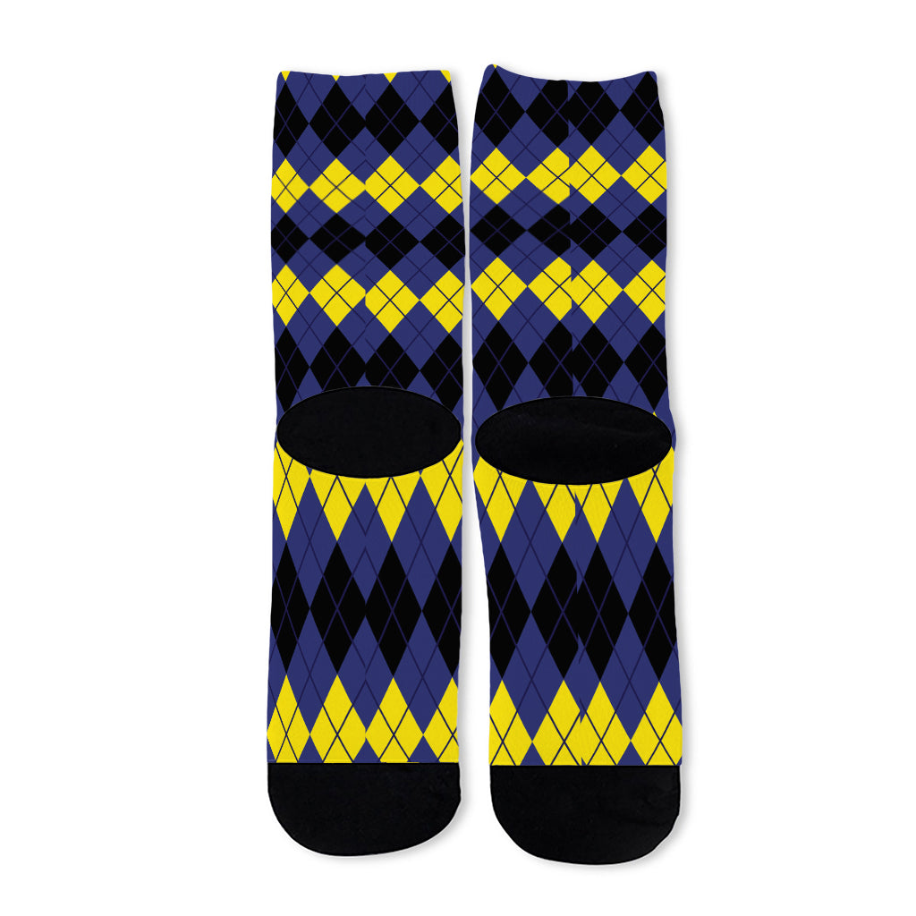 Black Yellow And Blue Argyle Print Long Socks