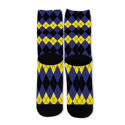 Black Yellow And Blue Argyle Print Long Socks