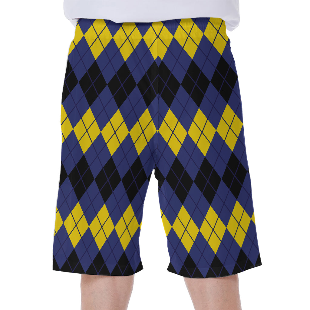 Black Yellow And Blue Argyle Print Men's Beach Shorts