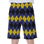 Black Yellow And Blue Argyle Print Men's Beach Shorts