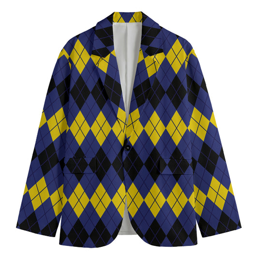 Black Yellow And Blue Argyle Print Men's Blazer