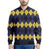 Black Yellow And Blue Argyle Print Men's Bomber Jacket