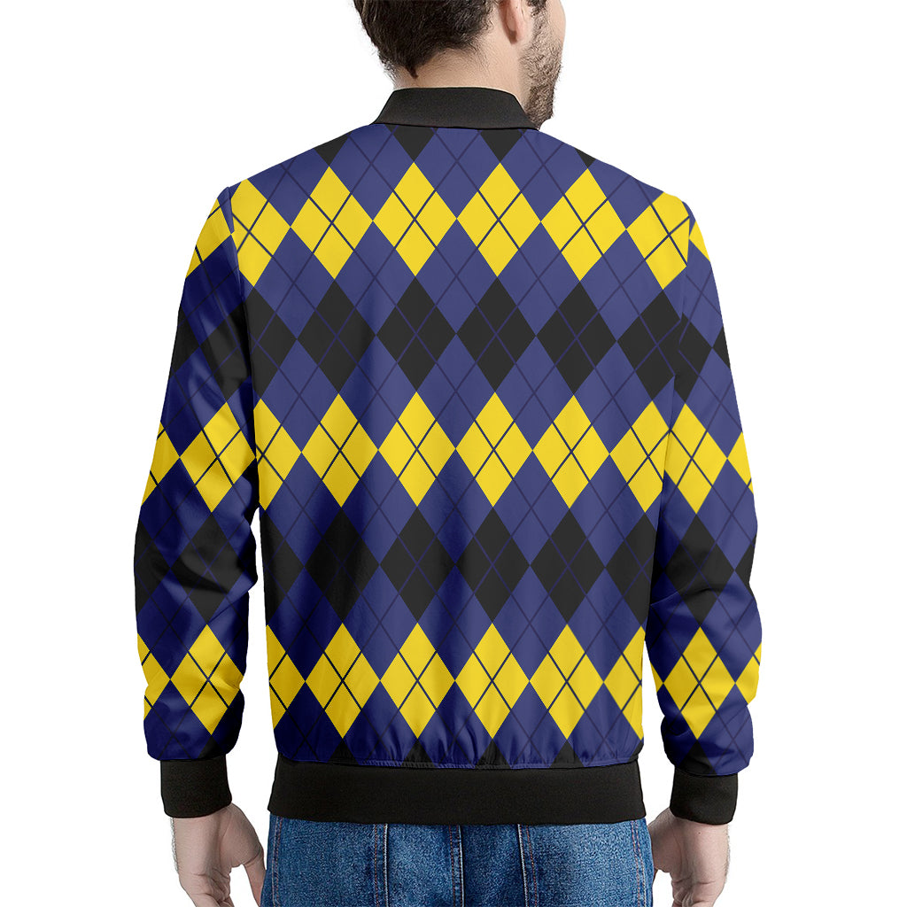 Black Yellow And Blue Argyle Print Men's Bomber Jacket