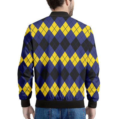 Black Yellow And Blue Argyle Print Men's Bomber Jacket