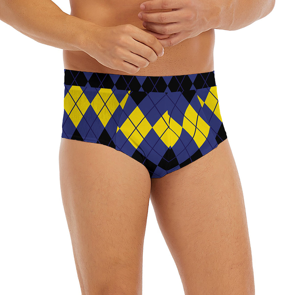 Black Yellow And Blue Argyle Print Men's Briefs