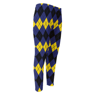 Black Yellow And Blue Argyle Print Men's Compression Pants