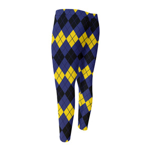 Black Yellow And Blue Argyle Print Men's Compression Pants