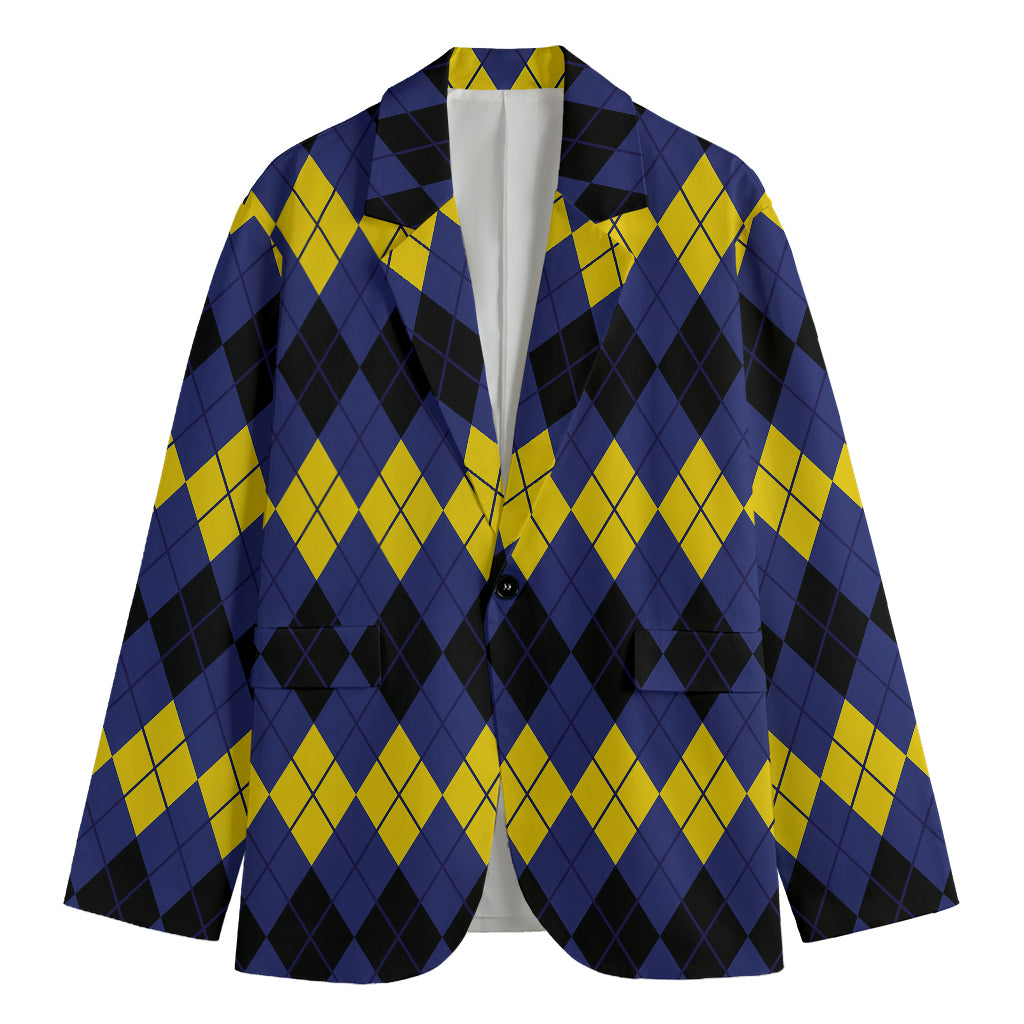 Black Yellow And Blue Argyle Print Men's Cotton Blazer