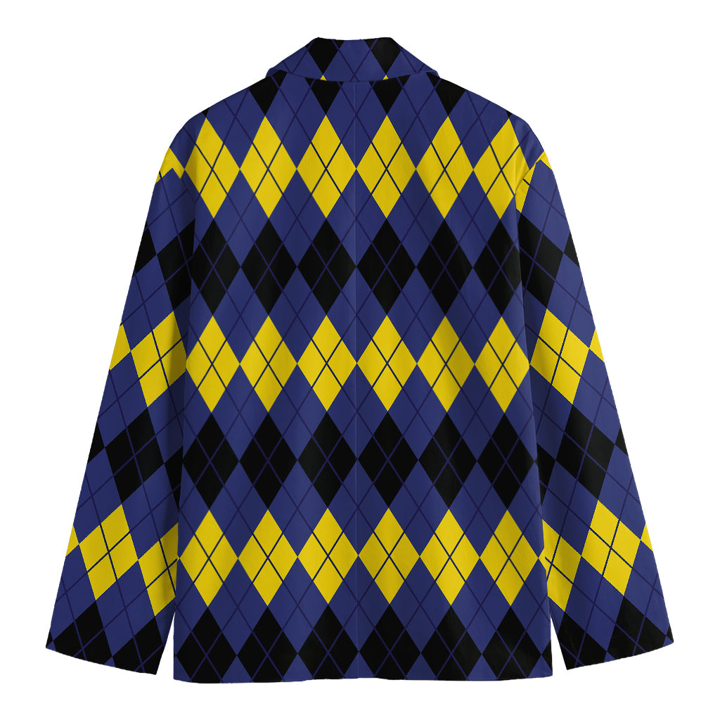 Black Yellow And Blue Argyle Print Men's Cotton Blazer