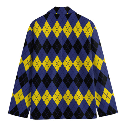Black Yellow And Blue Argyle Print Men's Cotton Blazer