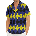 Black Yellow And Blue Argyle Print Men's Deep V-Neck Shirt