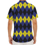 Black Yellow And Blue Argyle Print Men's Deep V-Neck Shirt