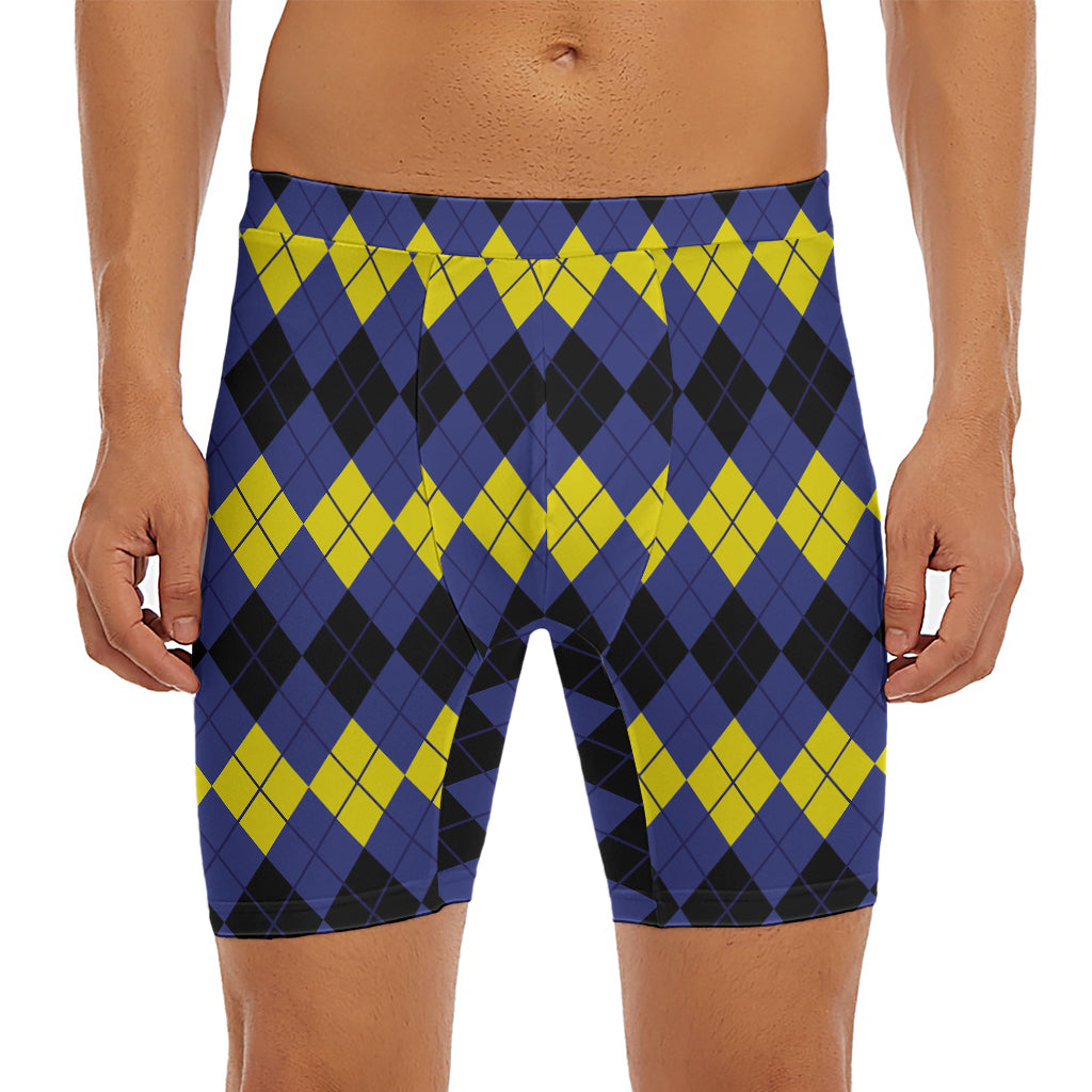 Black Yellow And Blue Argyle Print Men's Long Boxer Briefs