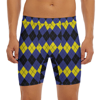 Black Yellow And Blue Argyle Print Men's Long Boxer Briefs