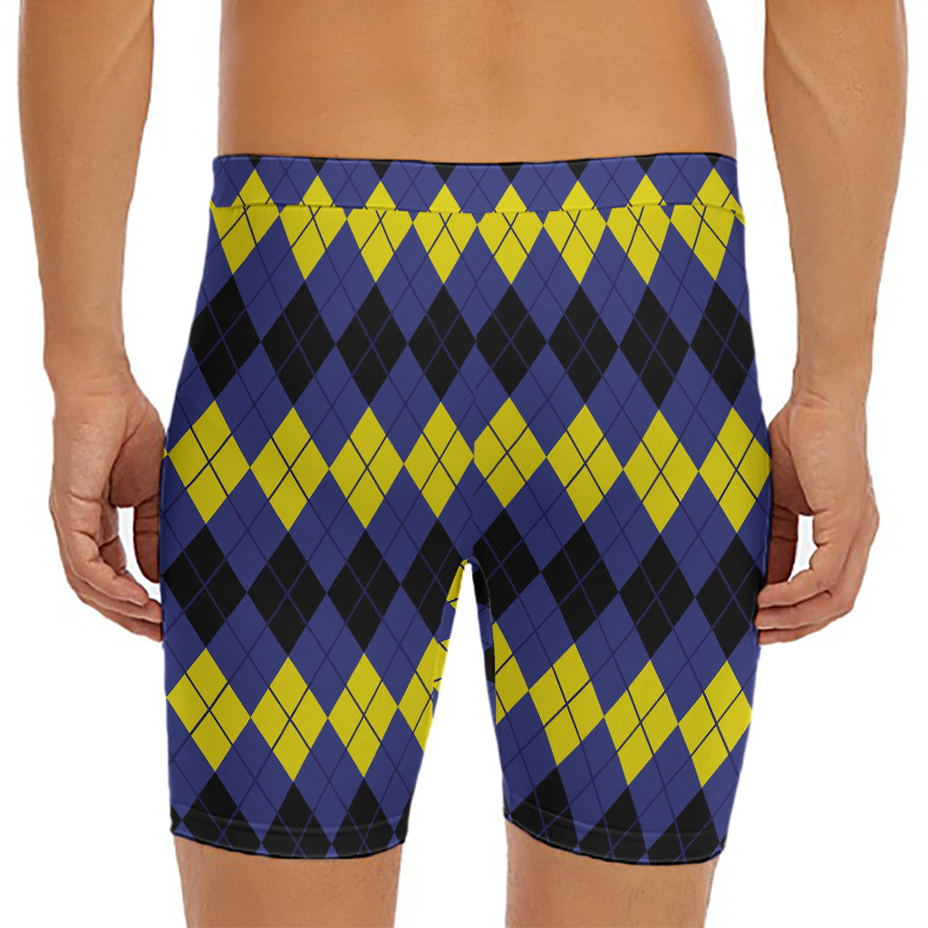 Black Yellow And Blue Argyle Print Men's Long Boxer Briefs