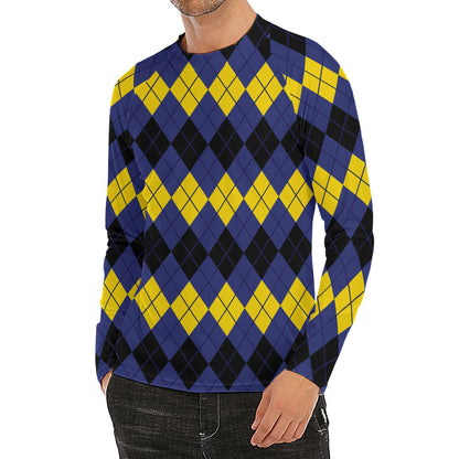 Black Yellow And Blue Argyle Print Men's Long Sleeve Rash Guard