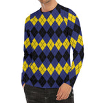 Black Yellow And Blue Argyle Print Men's Long Sleeve Rash Guard