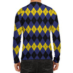 Black Yellow And Blue Argyle Print Men's Long Sleeve Rash Guard