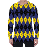 Black Yellow And Blue Argyle Print Men's Long Sleeve T-Shirt