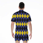 Black Yellow And Blue Argyle Print Men's Rompers