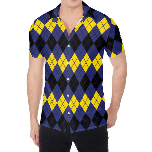 Black Yellow And Blue Argyle Print Men's Shirt