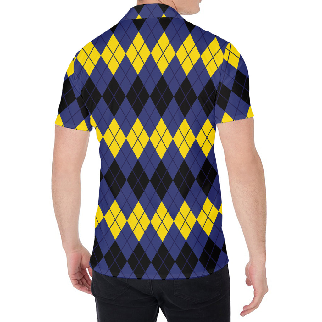 Black Yellow And Blue Argyle Print Men's Shirt
