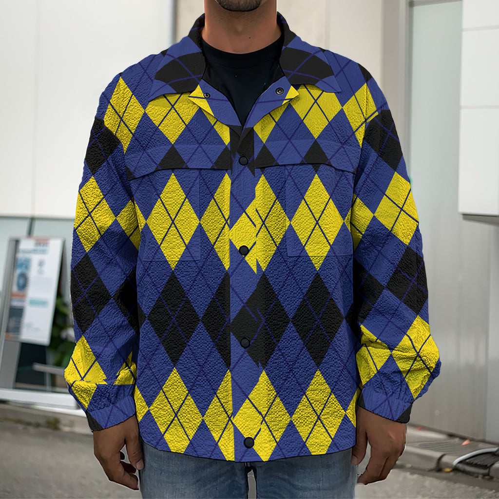 Black Yellow And Blue Argyle Print Men's Shirt Jacket