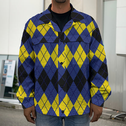 Black Yellow And Blue Argyle Print Men's Shirt Jacket