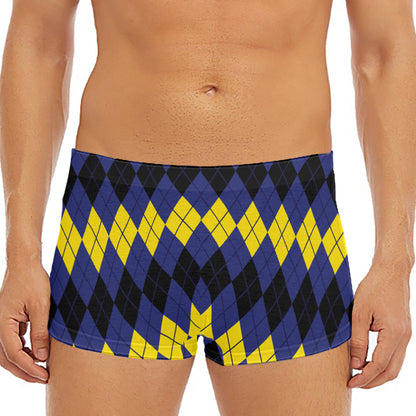 Black Yellow And Blue Argyle Print Men's Short Boxer Briefs