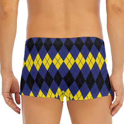 Black Yellow And Blue Argyle Print Men's Short Boxer Briefs