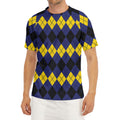 Black Yellow And Blue Argyle Print Men's Short Sleeve Rash Guard