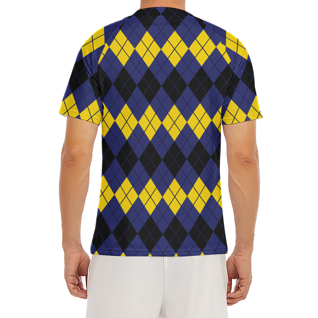 Black Yellow And Blue Argyle Print Men's Short Sleeve Rash Guard