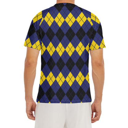 Black Yellow And Blue Argyle Print Men's Short Sleeve Rash Guard