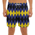 Black Yellow And Blue Argyle Print Men's Split Running Shorts