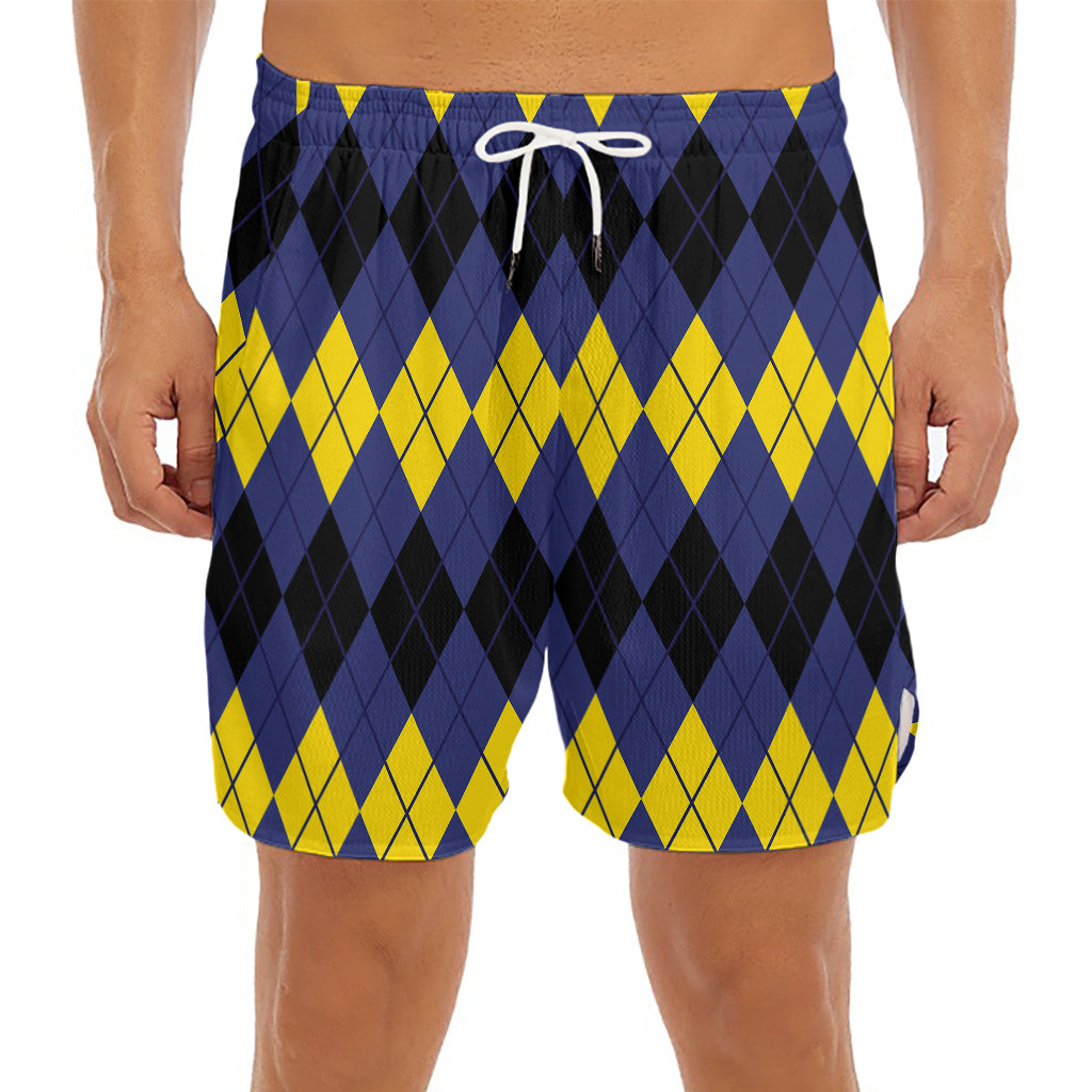Black Yellow And Blue Argyle Print Men's Split Running Shorts
