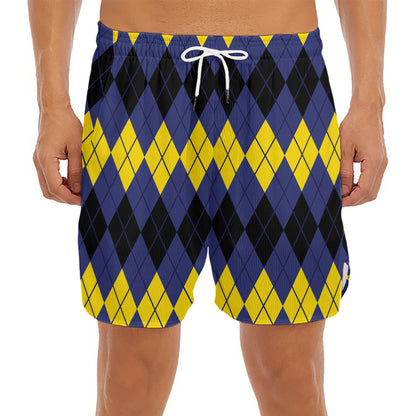 Black Yellow And Blue Argyle Print Men's Split Running Shorts
