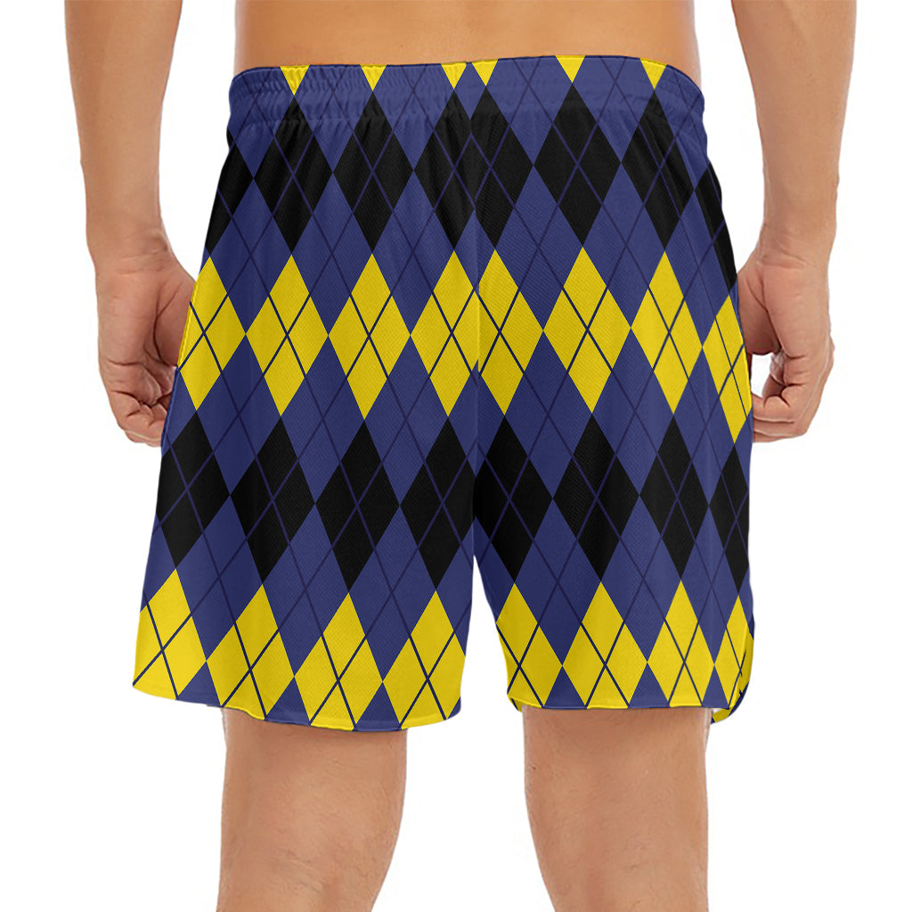 Black Yellow And Blue Argyle Print Men's Split Running Shorts