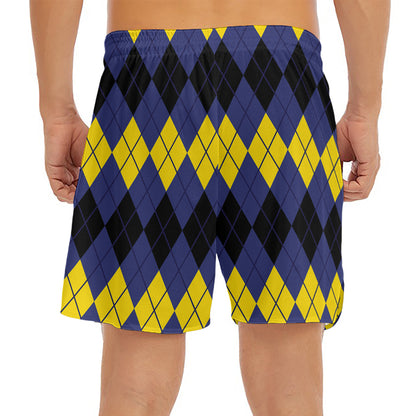 Black Yellow And Blue Argyle Print Men's Split Running Shorts