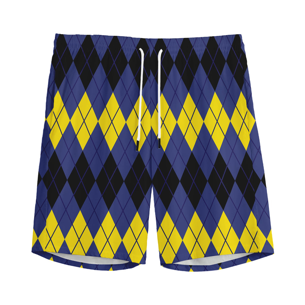 Black Yellow And Blue Argyle Print Men's Sports Shorts