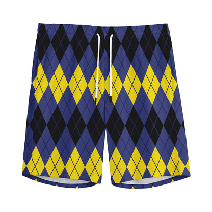 Black Yellow And Blue Argyle Print Men's Sports Shorts