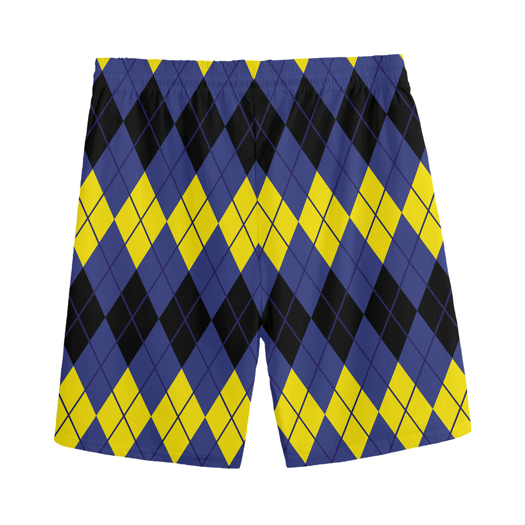 Black Yellow And Blue Argyle Print Men's Sports Shorts