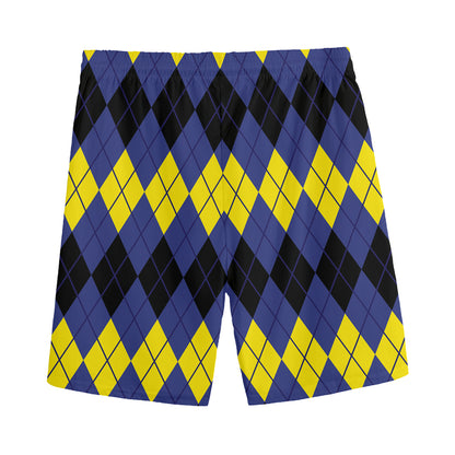 Black Yellow And Blue Argyle Print Men's Sports Shorts