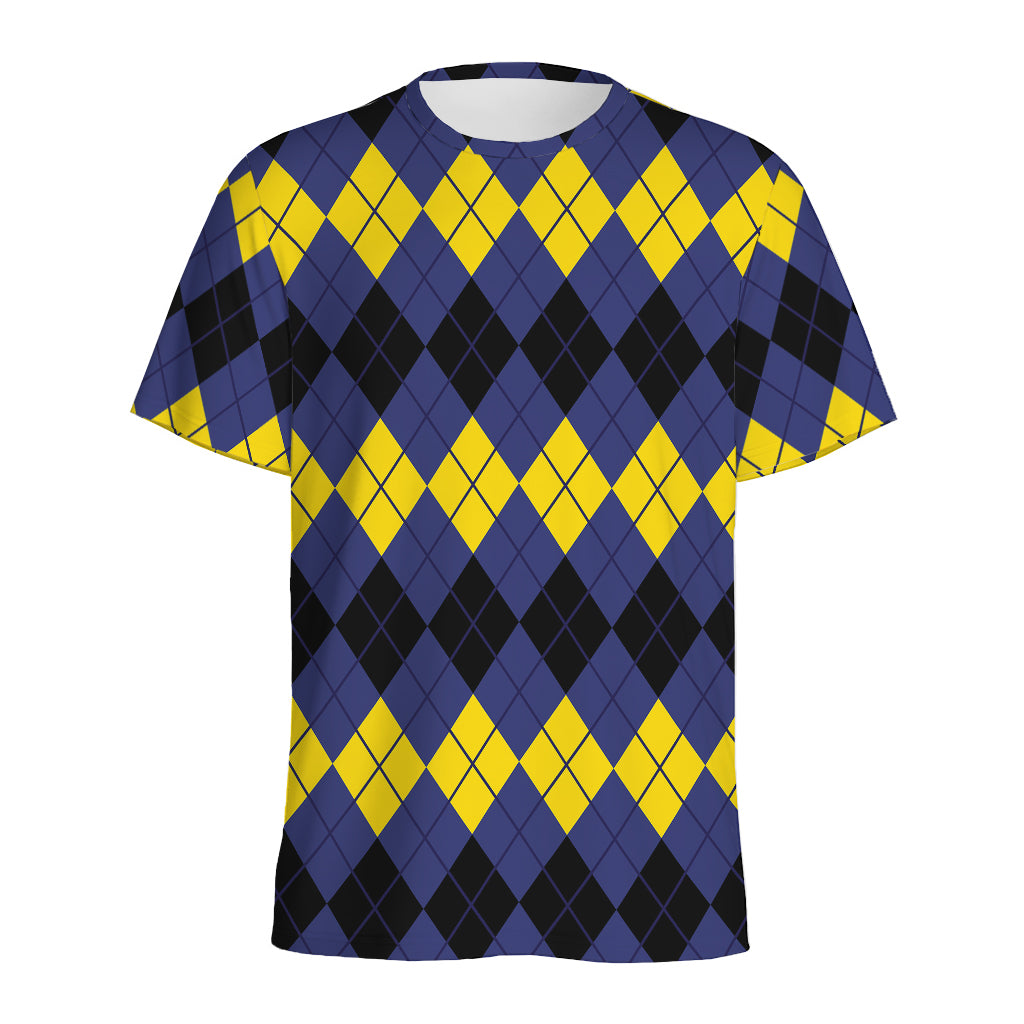 Black Yellow And Blue Argyle Print Men's Sports T-Shirt