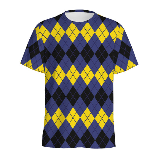 Black Yellow And Blue Argyle Print Men's Sports T-Shirt