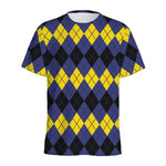 Black Yellow And Blue Argyle Print Men's Sports T-Shirt