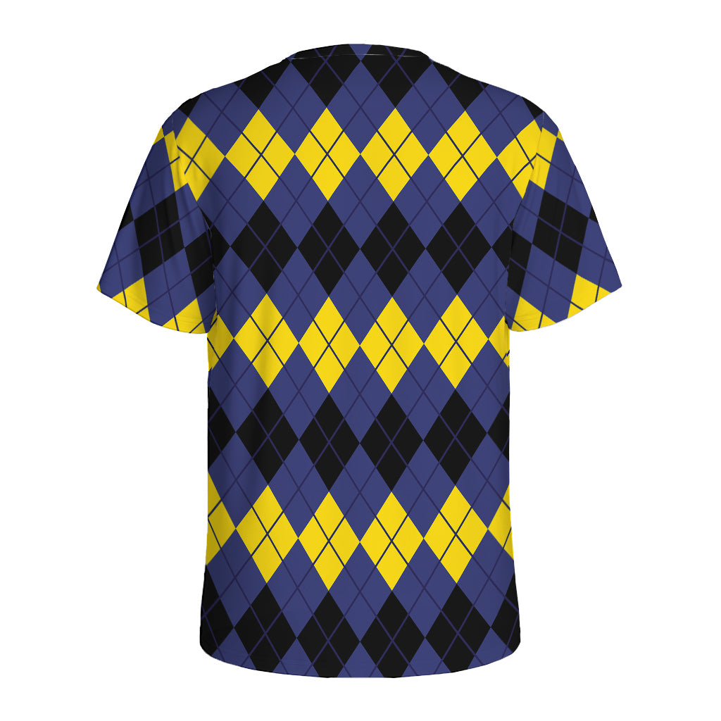 Black Yellow And Blue Argyle Print Men's Sports T-Shirt