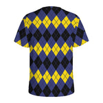 Black Yellow And Blue Argyle Print Men's Sports T-Shirt