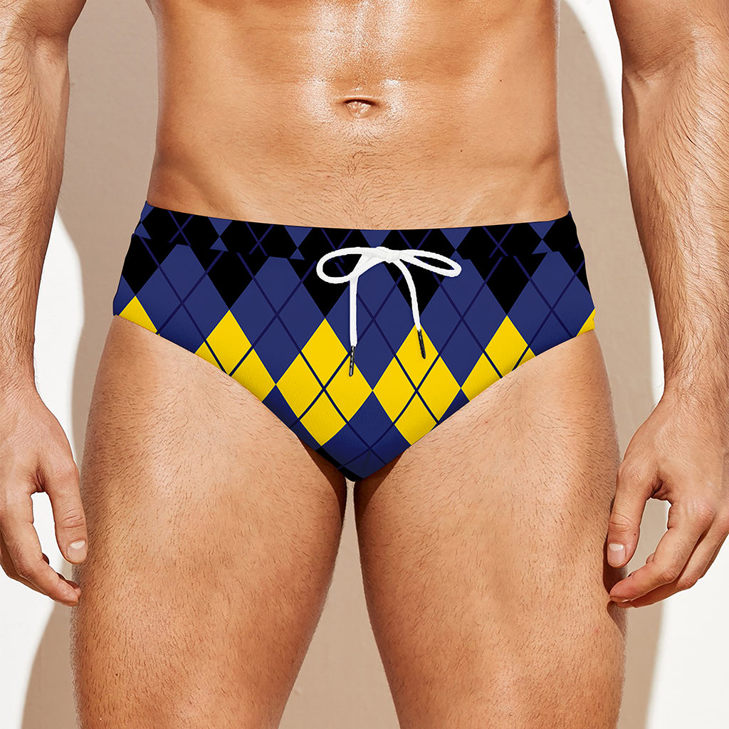 Black Yellow And Blue Argyle Print Men's Swim Briefs