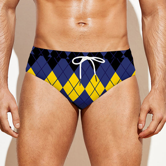 Black Yellow And Blue Argyle Print Men's Swim Briefs